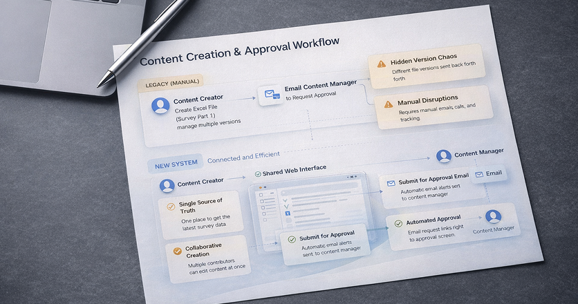 Workflow diagram showing content creation and approval process